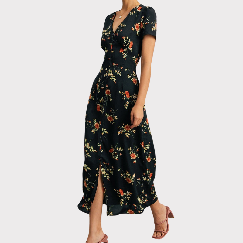 Alexia | V Neck Floral Short Sleeve Maxi Dress Liora Lane Boutique