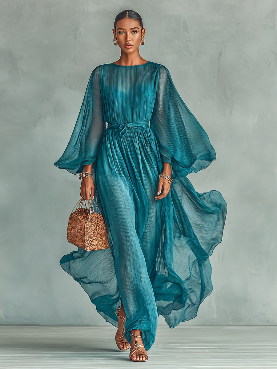 Maxi Chiffon Dress with Round Neck and Long Sleeves for Women, with Adjustable Waist Jasmine's Boutique Australia