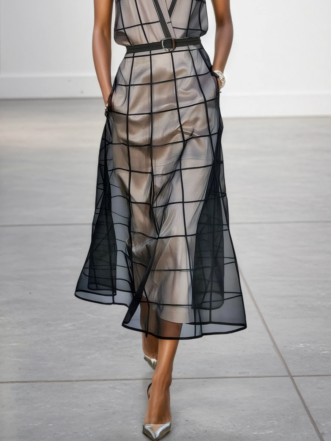 Maxi Sleeveless Tulle Check Dress with Collar and Belt Jasmine's Boutique Australia