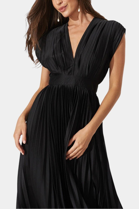 Audrey | Pleated V-Neck Midi Dress Liora Lane Boutique