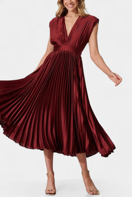 Audrey | Pleated V-Neck Midi Dress Liora Lane Boutique