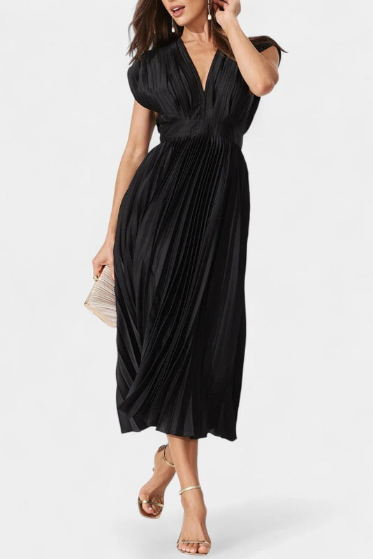 Audrey | Pleated V-Neck Midi Dress Liora Lane Boutique