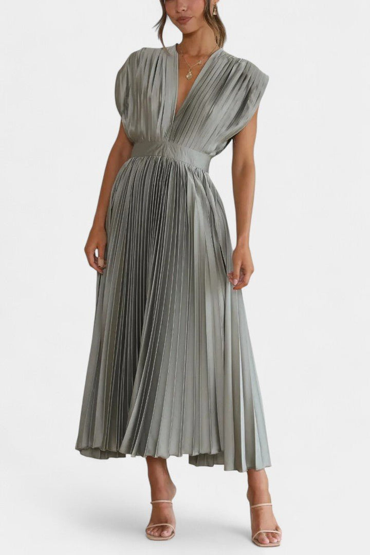 Audrey | Pleated V-Neck Midi Dress Liora Lane Boutique