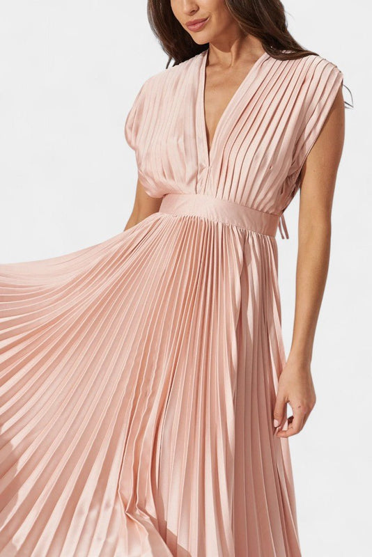 Audrey | Pleated V-Neck Midi Dress Liora Lane Boutique