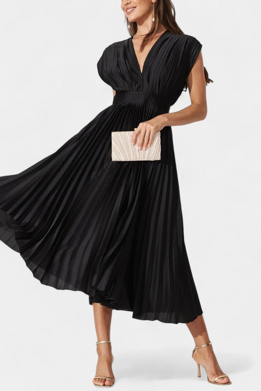 Audrey | Pleated V-Neck Midi Dress Liora Lane Boutique