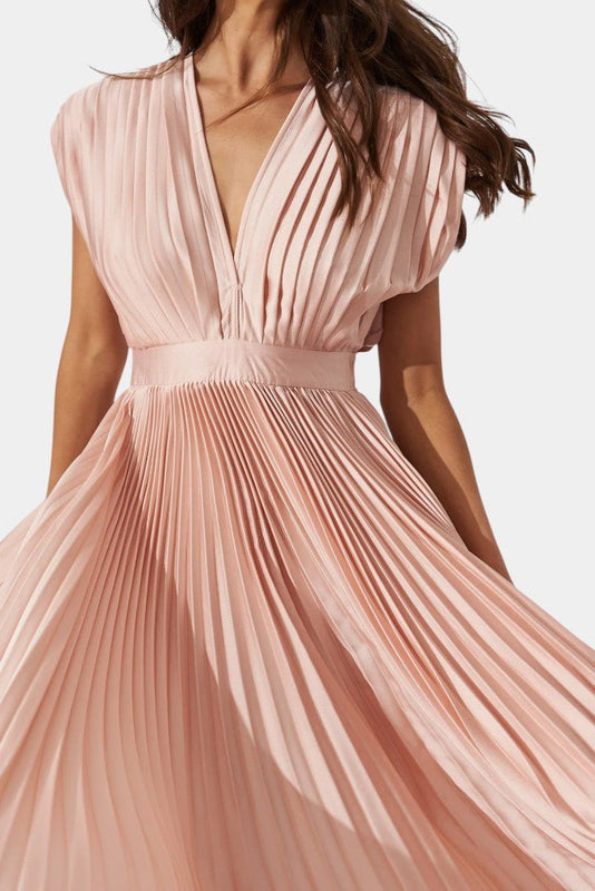 Audrey | Pleated V-Neck Midi Dress Liora Lane Boutique