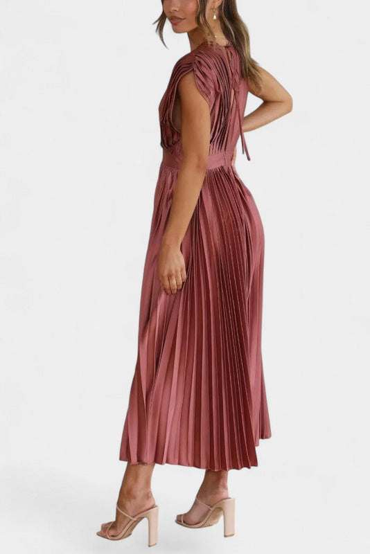 Audrey | Pleated V-Neck Midi Dress Liora Lane Boutique