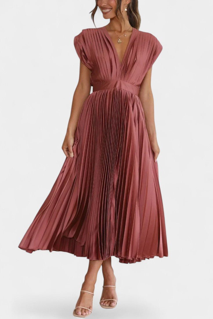 Audrey | Pleated V-Neck Midi Dress Liora Lane Boutique