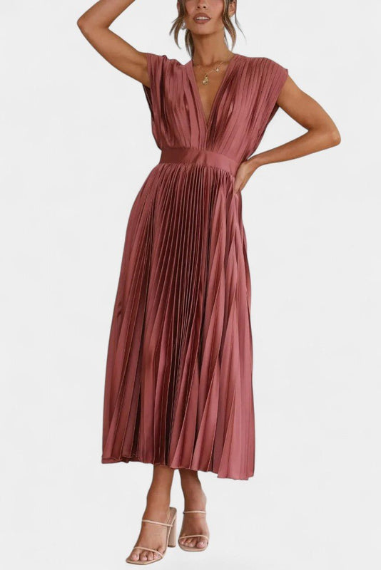 Audrey | Pleated V-Neck Midi Dress Liora Lane Boutique