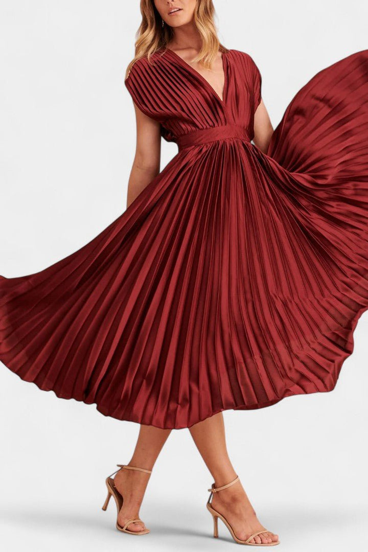Audrey | Pleated V-Neck Midi Dress Liora Lane Boutique