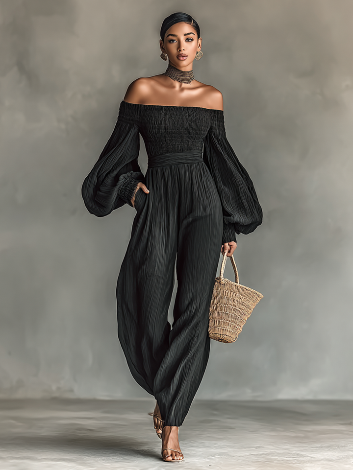 Women's Pleated Fabric Jumpsuit with Off-the-Shoulder Design and Long Sleeves Jasmine's Boutique Australia