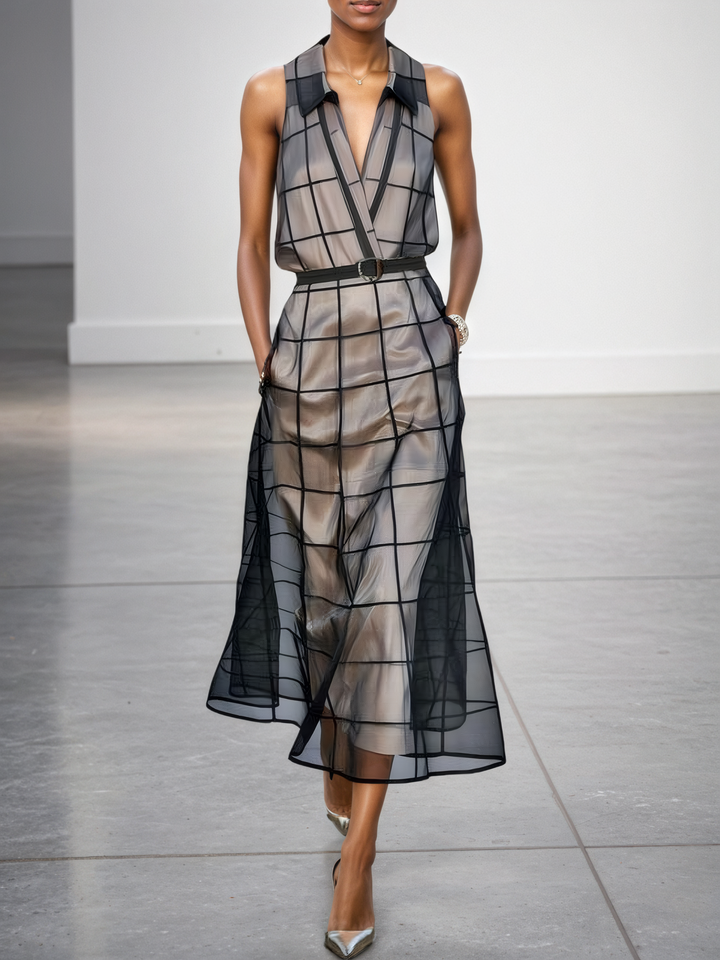 Maxi Sleeveless Tulle Check Dress with Collar and Belt Jasmine's Boutique Australia