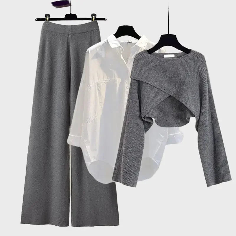 Gray Wide-Leg Pants with White Shirt & Knit Overlay Jasmine's Boutique Australia