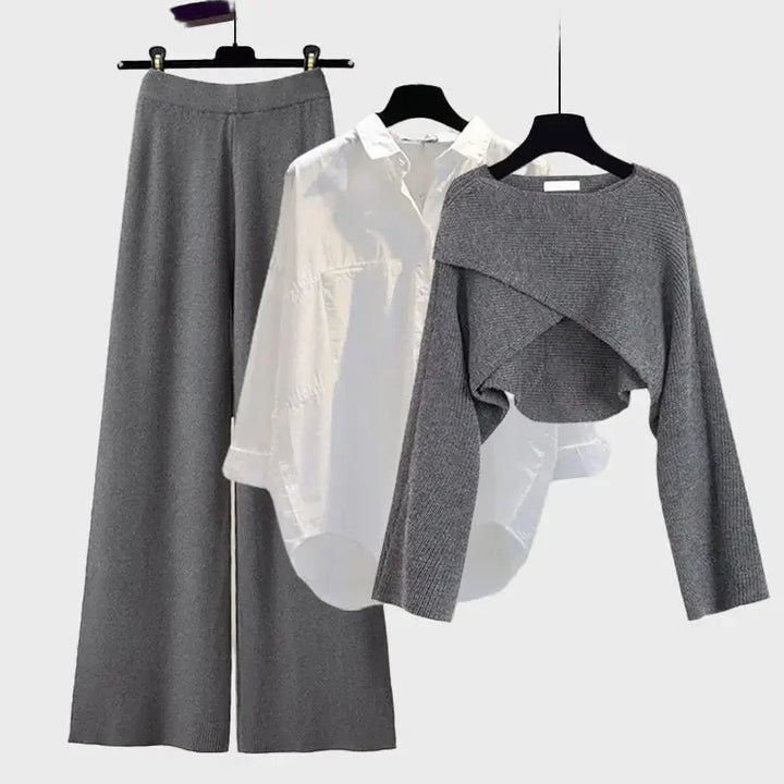 Gray Wide-Leg Pants with White Shirt & Knit Overlay Jasmine's Boutique Australia