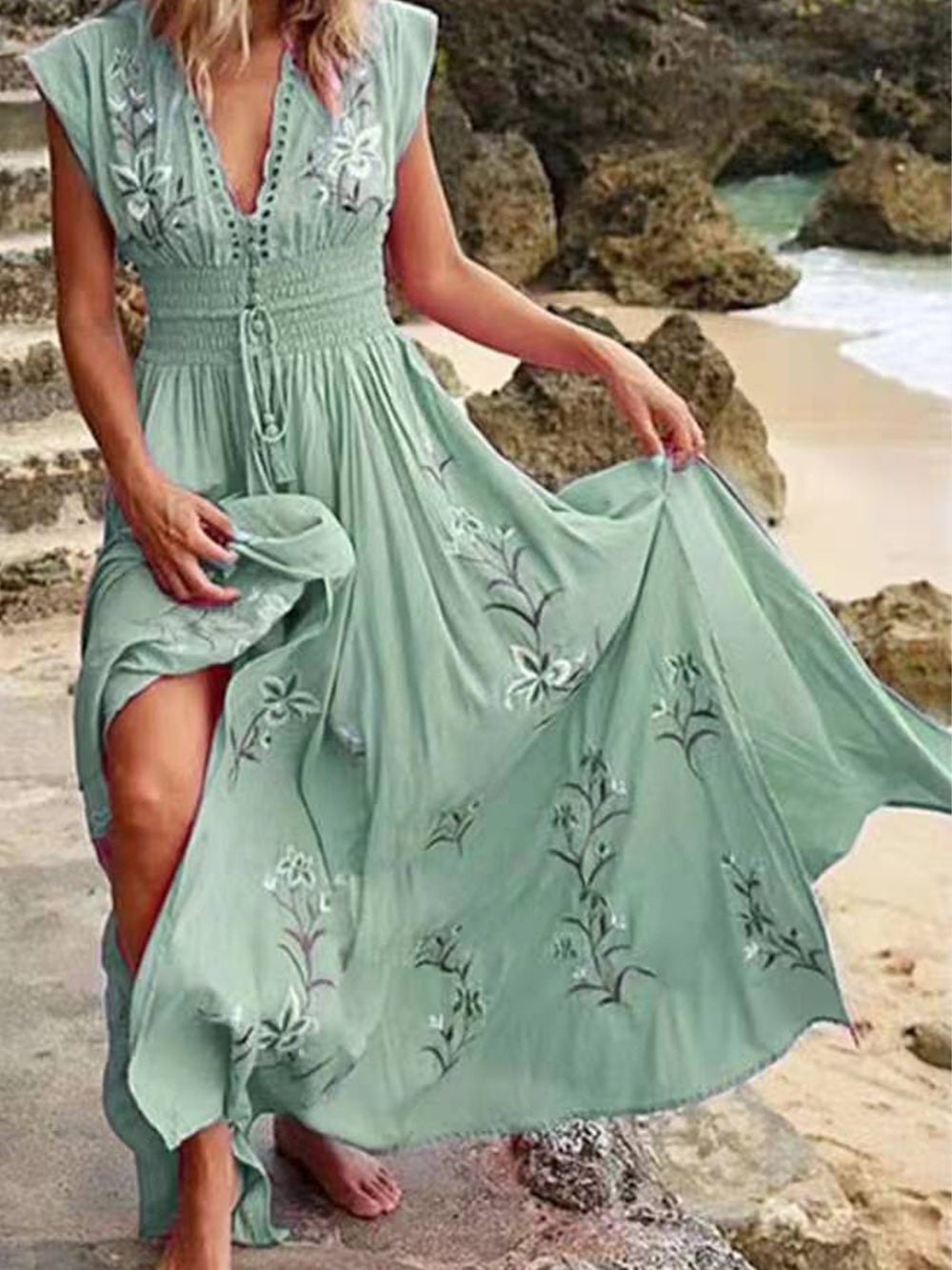 French Boho Print V Neck Dress Jasmine's Boutique Australia