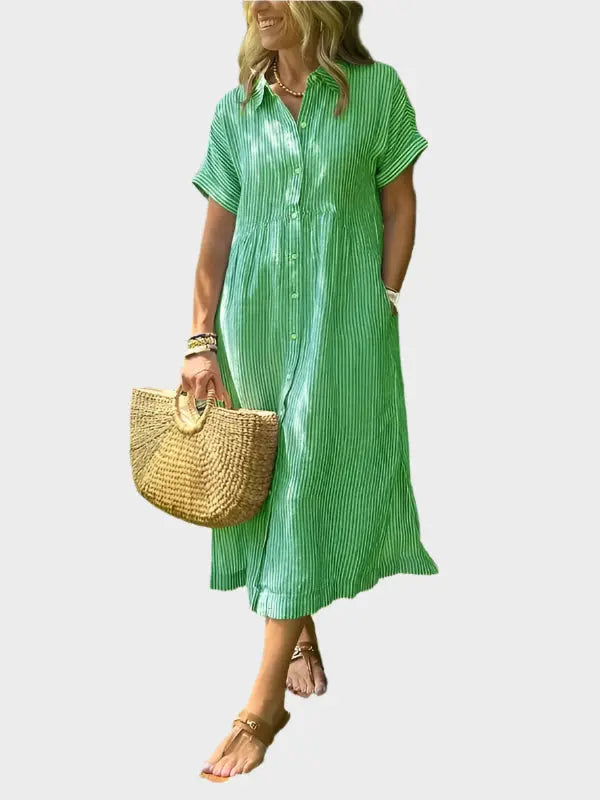 Striped Shirt Dress with Flaps, Buttons, and Functional Pockets Jasmine's Boutique Australia