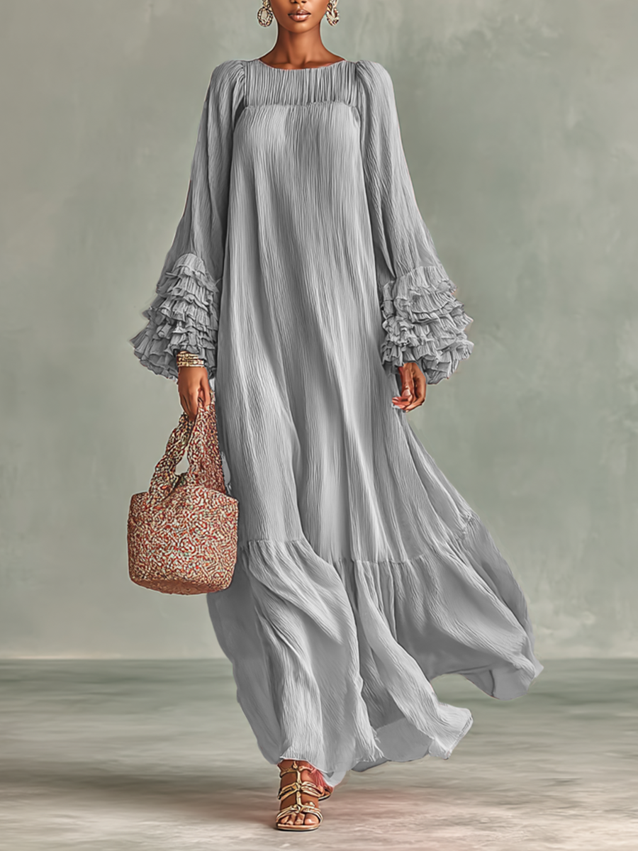 Maxi Dress in Pleated Chiffon for Women with Long Sleeves and Ruffles Jasmine's Boutique Australia