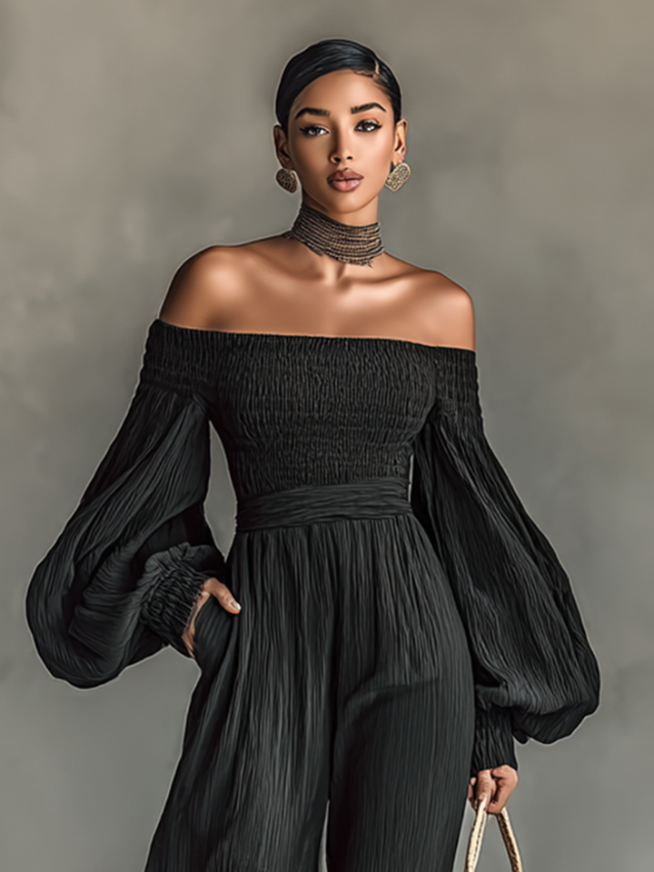 Women's Pleated Fabric Jumpsuit with Off-the-Shoulder Design and Long Sleeves Jasmine's Boutique Australia