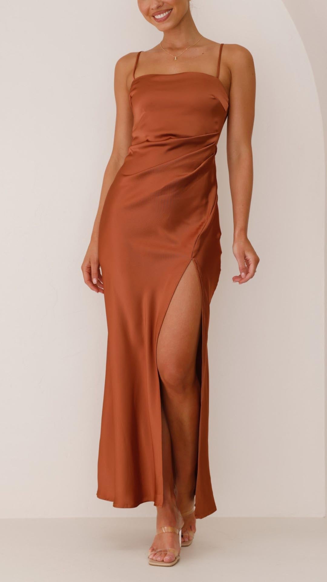 Elena | Pleated Waist Satin Maxi Dress Liora Lane Boutique