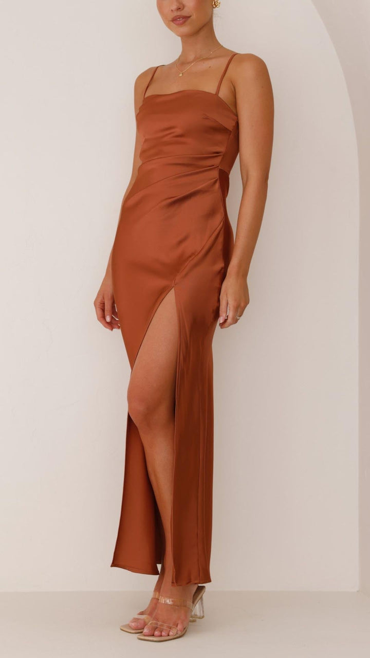 Elena | Pleated Waist Satin Maxi Dress Liora Lane Boutique