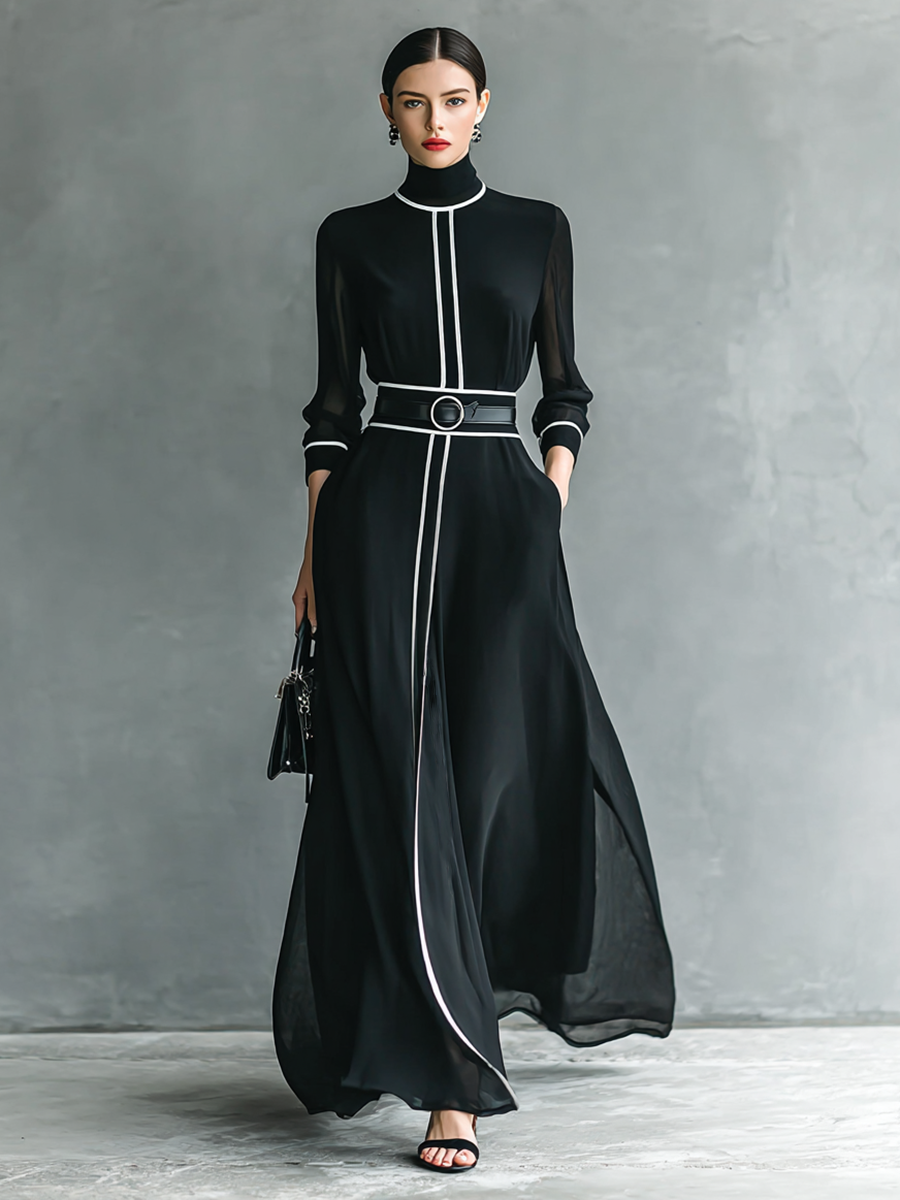 Maxi Chiffon Dress with High Neck and Long Sleeves for Women with White Trim Jasmine's Boutique Australia