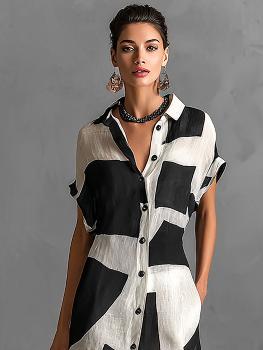 Maxi Shirt Dress in Chiffon for Women with Irregular Geometric Print and Notch Collar, Short Sleeves, Single Button Jasmine's Boutique Australia