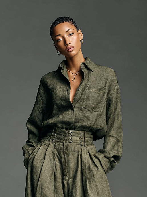 Two-Piece Women's Cotton and Linen Set with Long Sleeve Shirt and Wide Leg Pants Jasmine's Boutique Australia
