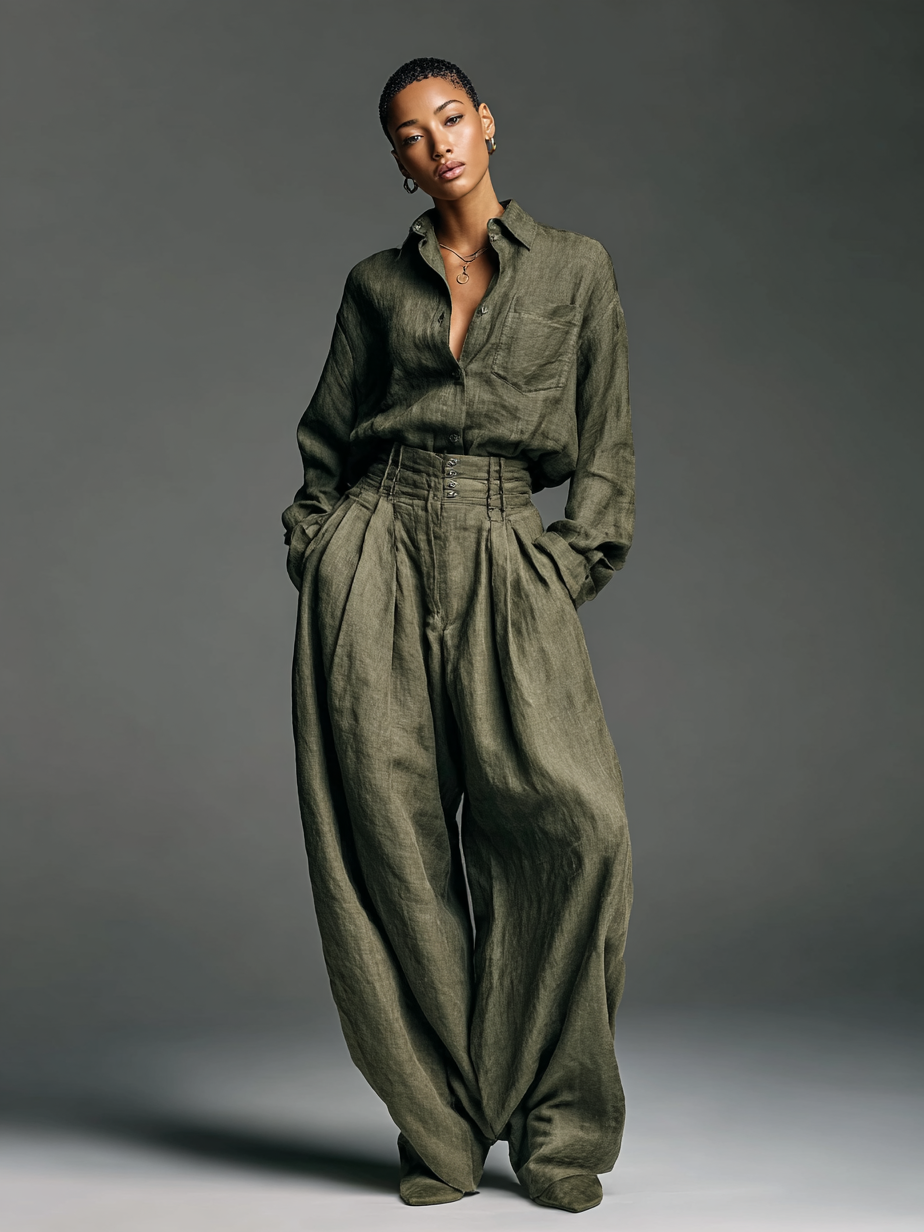 Two-Piece Women's Cotton and Linen Set with Long Sleeve Shirt and Wide Leg Pants Jasmine's Boutique Australia