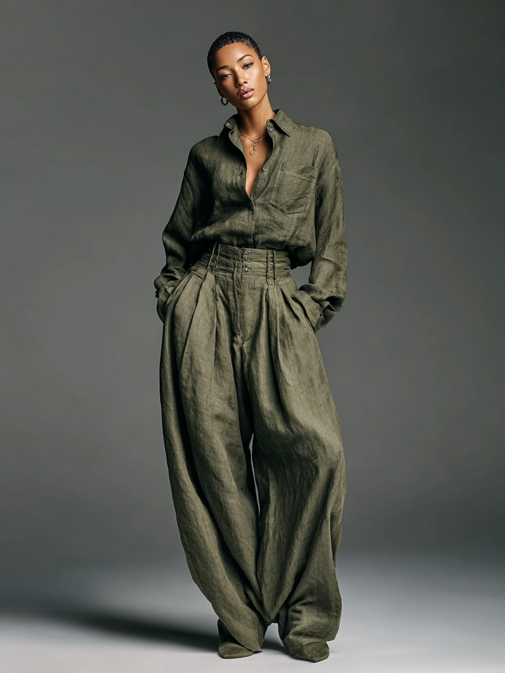 Two-Piece Women's Cotton and Linen Set with Long Sleeve Shirt and Wide Leg Pants Jasmine's Boutique Australia