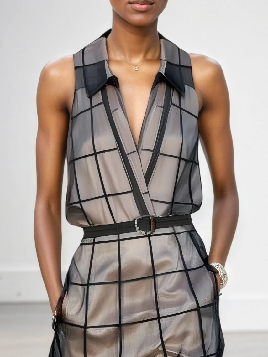 Maxi Sleeveless Tulle Check Dress with Collar and Belt Jasmine's Boutique Australia