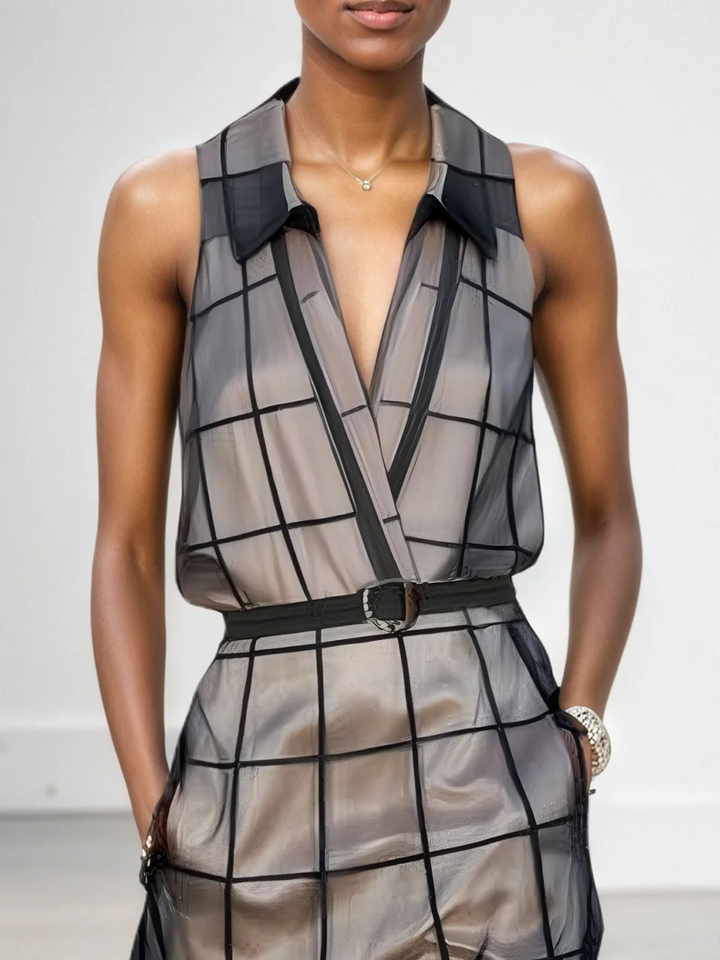 Maxi Sleeveless Tulle Check Dress with Collar and Belt Jasmine's Boutique Australia