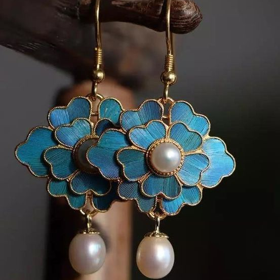 Vintage Blue Lotus Pearl Dangling Earrings Jasmine's Boutique Australia