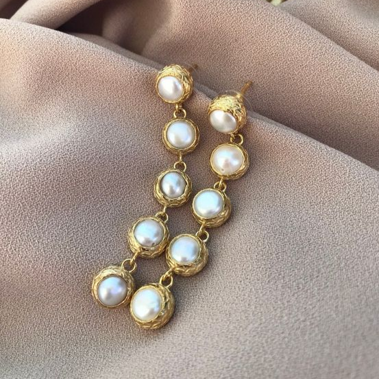 Elegant Golden Inlaid Pearl Dangling Earrings Jasmine's Boutique Australia