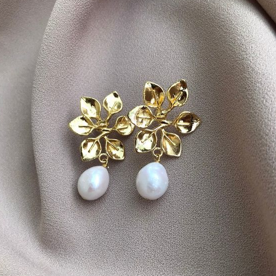 Elegant Bright Leaf Golden Pearl Earrings Jasmine's Boutique Australia
