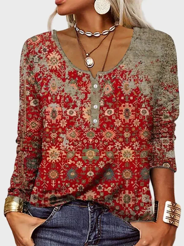 Boho Red Printed Long Sleeve Top Luxe-london.uk
