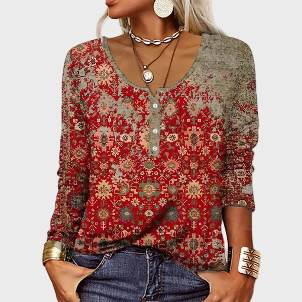 Boho Red Printed Long Sleeve Top Luxe-london.uk