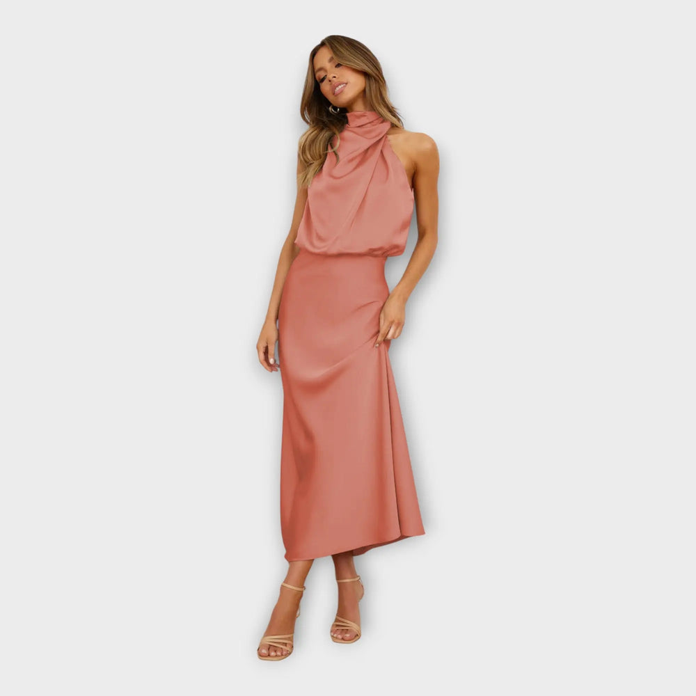Long Satin Dress with High Neck and Open Back Jasmine's Boutique Australia