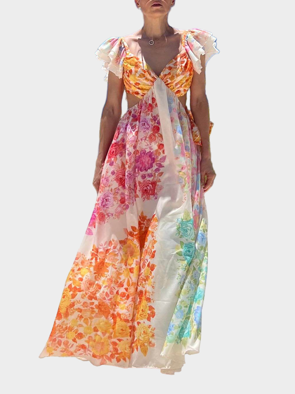 Floral Frill Cutout Back Tie-Up Maxi Dress Jasmine's Boutique Australia