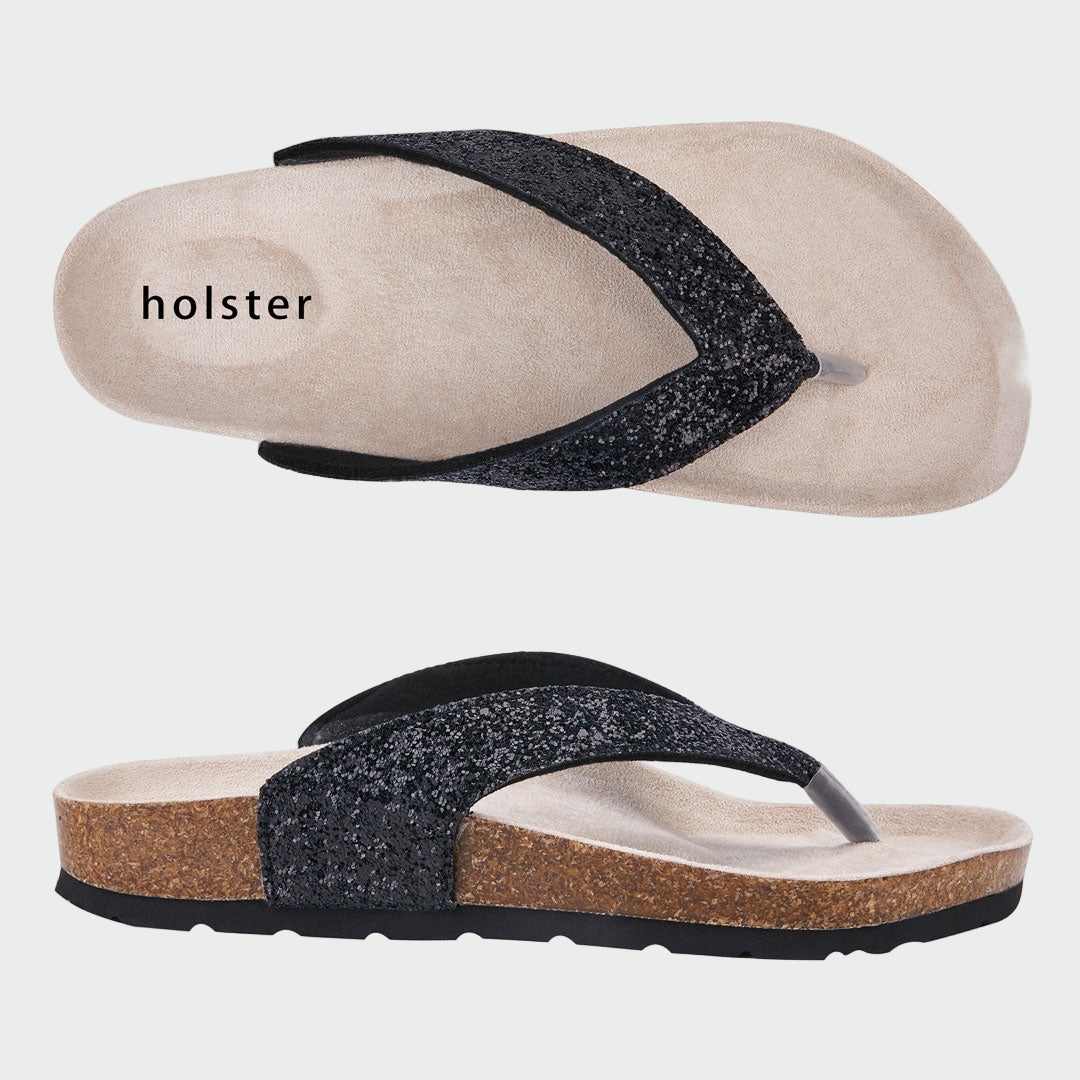 Holster Luxe Cork Thong Sandals – Black Glitter Jasmine's Boutique Australia