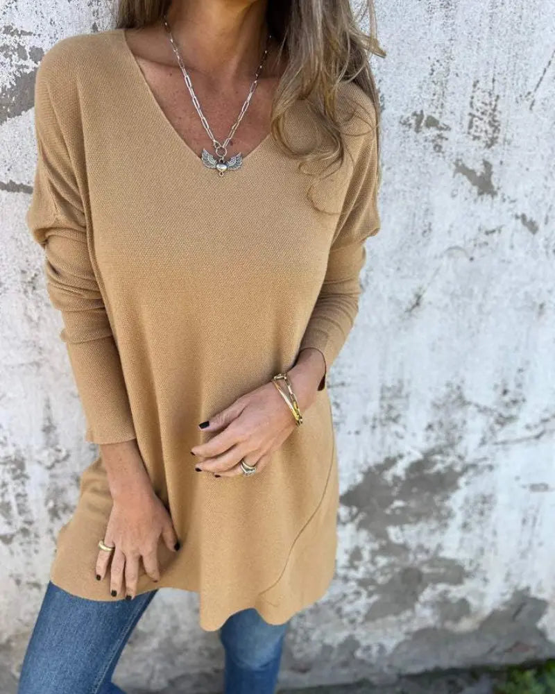 Camel Chic V-Neck Tunic Sweater Jasmine's Boutique Australia