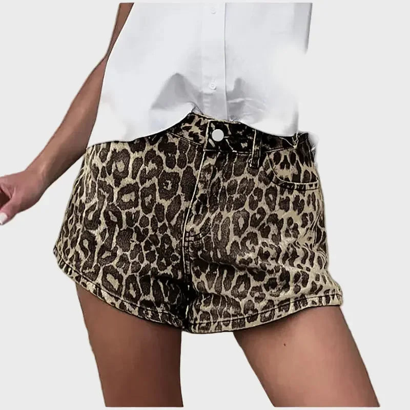 Leopard Print High-Waist Denim Shorts Luxe-london.uk