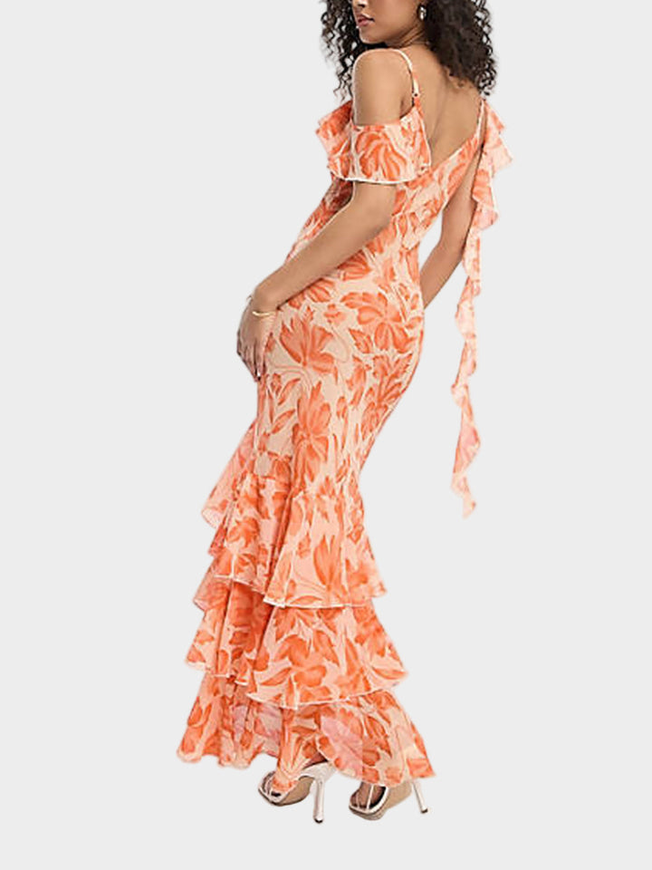 Orange Floral Jacquard Asymmetric Shoulder Maxi Dress Jasmine's Boutique Australia