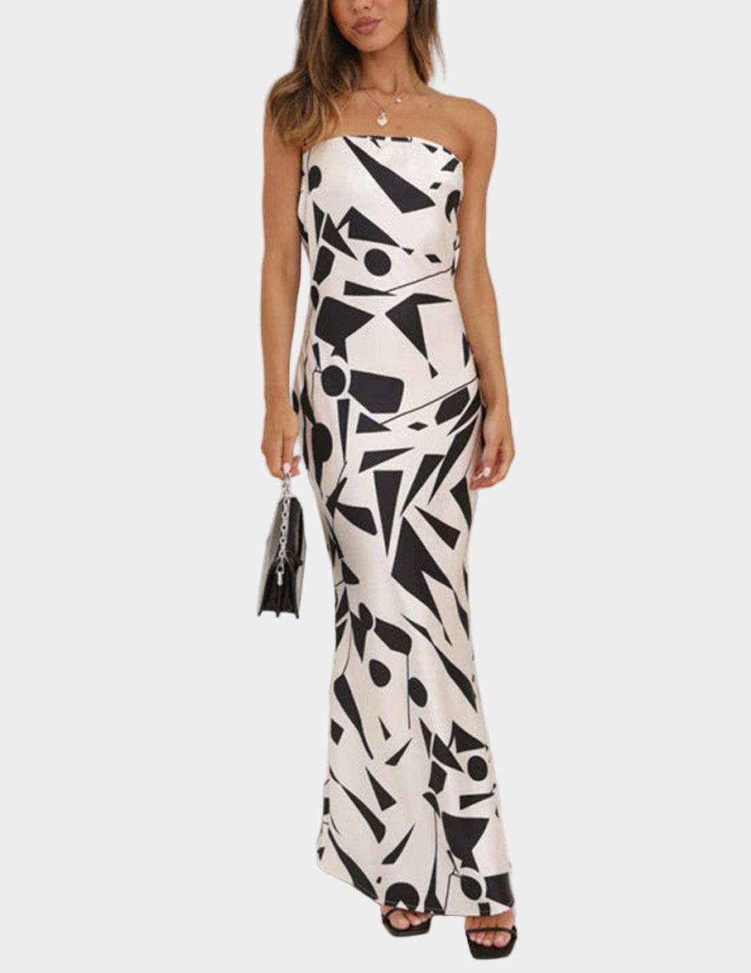 Maxi off-shoulder dress with satin geometric print Jasmine's Boutique Australia