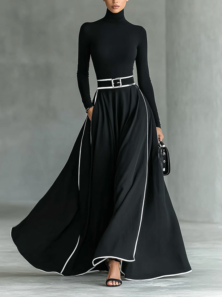 Black Maxi Dress with White Stitching, High Neck, Long Sleeves, and Fitted Waist Jasmine's Boutique Australia