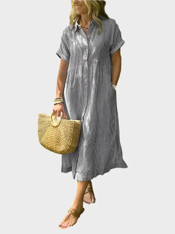 Striped Shirt Dress with Flaps, Buttons, and Functional Pockets Jasmine's Boutique Australia
