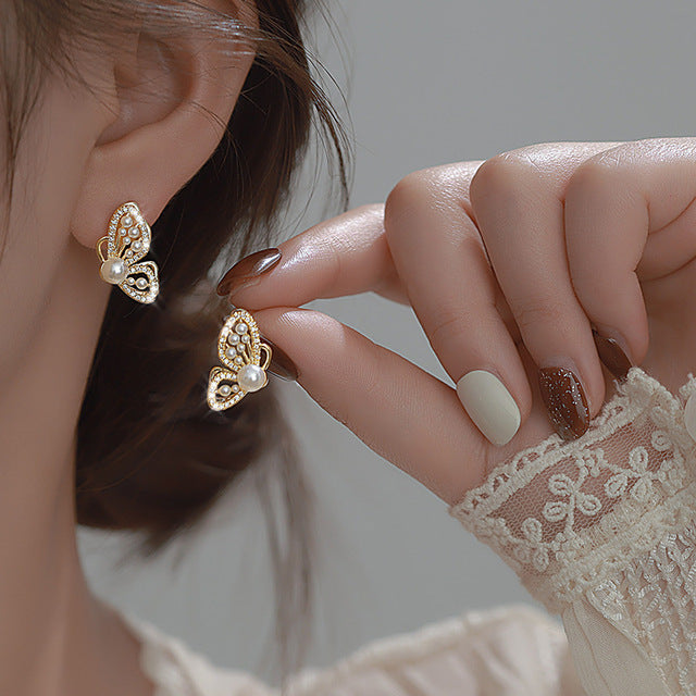 Butterfly Shiny Earrings with Pearls in Gold Jasmine's Boutique Australia