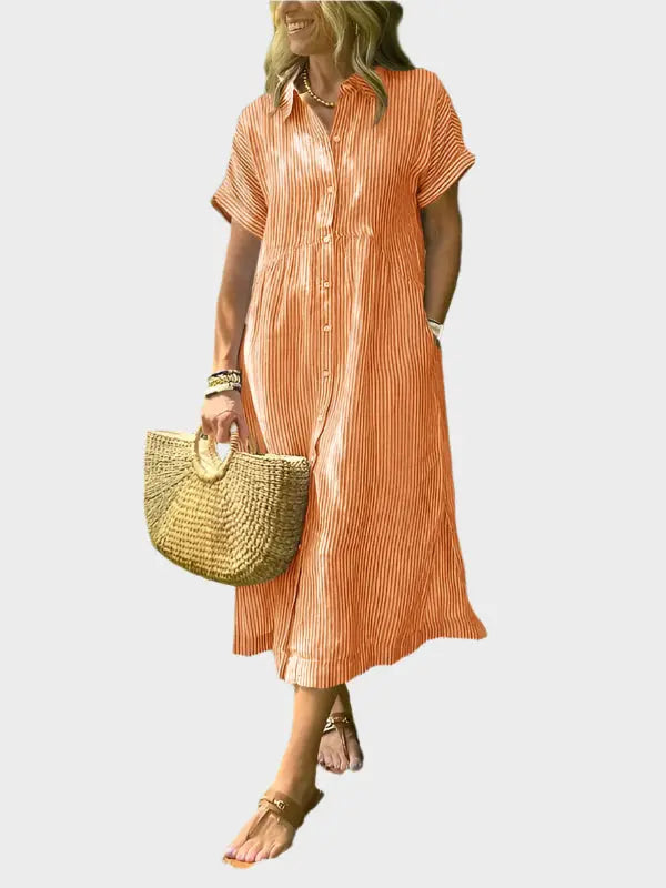 Striped Shirt Dress with Flaps, Buttons, and Functional Pockets Jasmine's Boutique Australia