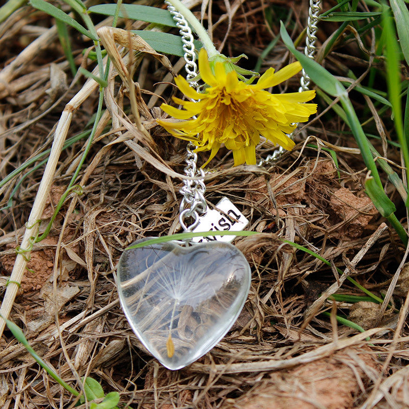 Pressed Resin Flower Necklace - Crystal Heart Dandelion Jasmine's Boutique Australia