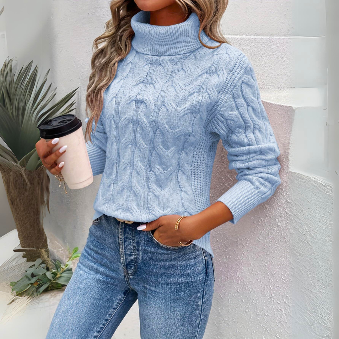 Giorgia | Cable Knit Roll Neck Jumper  Liora Lane Boutique  Blue / UK 16-18 (XL) 39.95