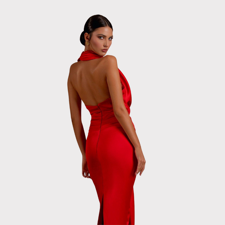 Carmella | Satin Halter Neck Backless Maxi Dress Liora Lane Boutique